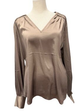 NWT White House Black Market Taupe V-Neck Satin Blouse (medium)